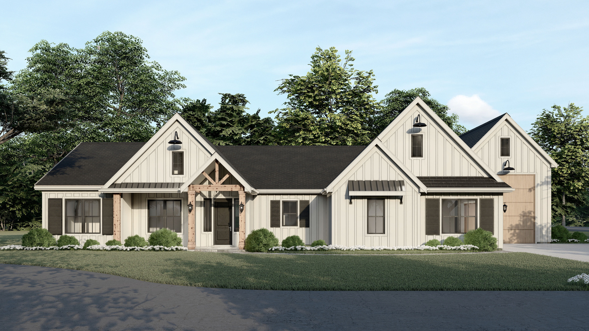 Rendering of Blackstone Homes' Whitestone plan: a white board-and-batten modern farmhouse with a timber-truss entry